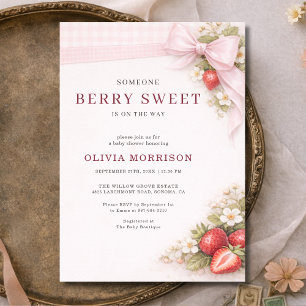 Coquette Bow Berry Sweet Strawberry Baby Shower Invitation