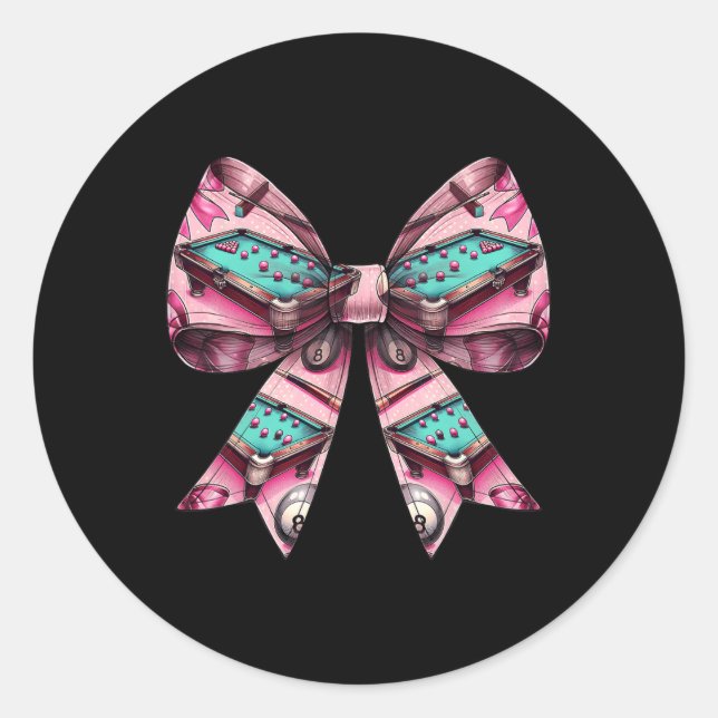 Coquette Bow Billiards Pool Table Cue Pattern Girl Classic Round Sticker (Front)