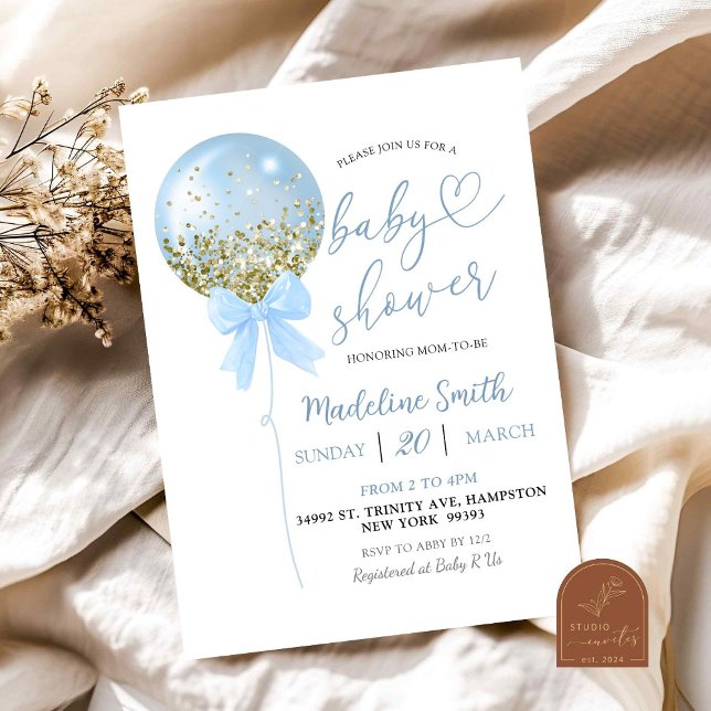 Coquette Bow Blue Balloon Baby Shower Invitation (Creator Uploaded)