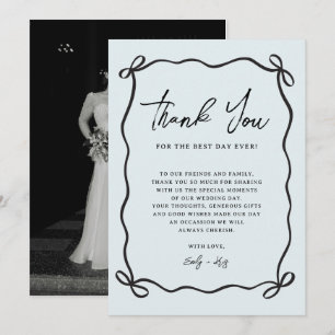Coquette Bow Blue Wedding Photo Thank You Card