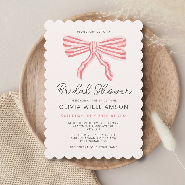 Coquette Bow Blush Bridal Shower Invitation (Modern blush pink bridal shower invitation with striped bows, coquette aesthetic. Matching range.)