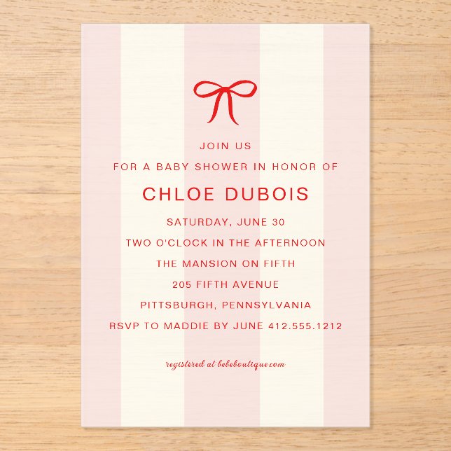  Coquette Bow Blush Pink Striped Baby Shower  Acrylic Invitations (Front)