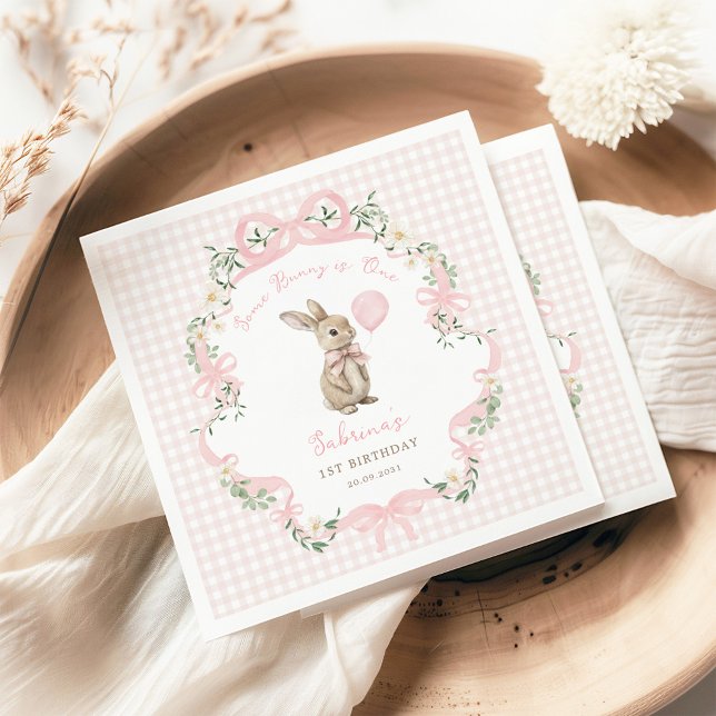 Coquette Bow Bunny Pink Gingham 1st Birthday Napkin (Creator Uploaded)