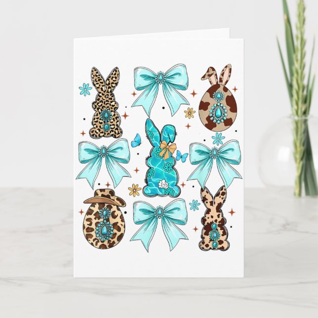 Coquette Bow Bunny Rabbit Eggs Happy Easter Cowboy Card (Front)