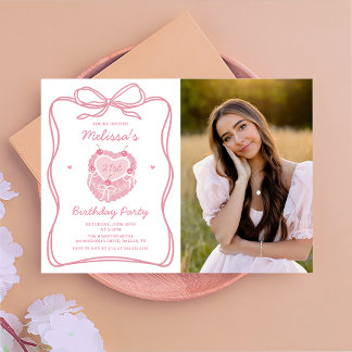 Coquette bow Cake birthday Photo invitation