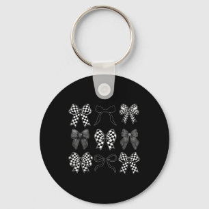 Coquette Bow Chequered Flag Race Car Racing Women Key Ring