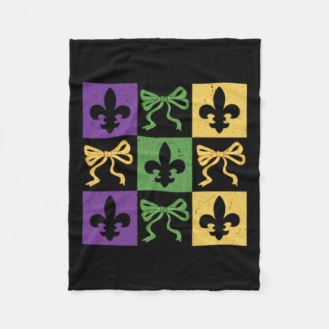 Coquette Bow Chequered Fleur De Lis Mardi Gras Car Fleece Blanket (Front)