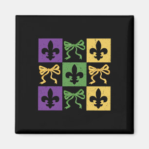 Coquette Bow Chequered Fleur De Lis Mardi Gras Car Magnet