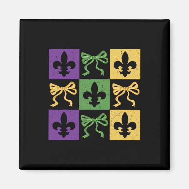 Coquette Bow Chequered Fleur De Lis Mardi Gras Car Magnet (Front)