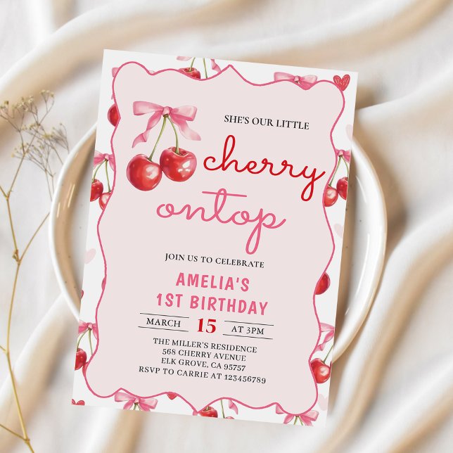 Coquette Bow Cherry on Top 1st Birthday Invitation (Creator Uploaded)