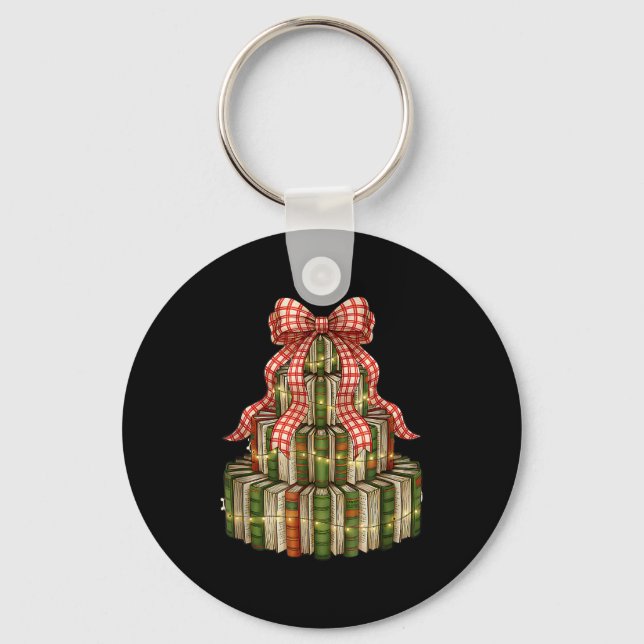 Coquette Bow Christmas Books Xmas Tree Librarian  Key Ring (Front)
