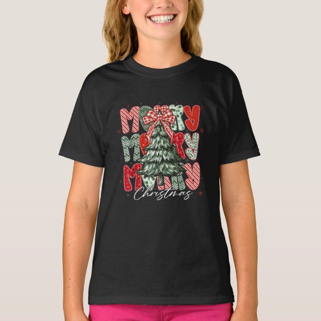 Coquette Bow Christmas Tree Checkered Red Plaid T-Shirt (Front)