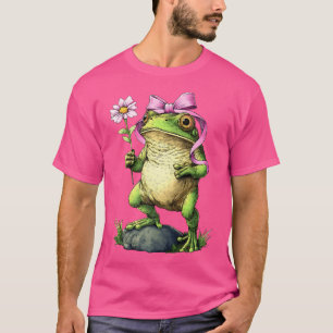 Coquette Bow Cottagecore Frog Aesthetic Pink Ribbo T-Shirt