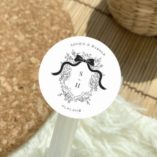 Coquette Bow Crest Monogram French Wedding Classic Round Sticker