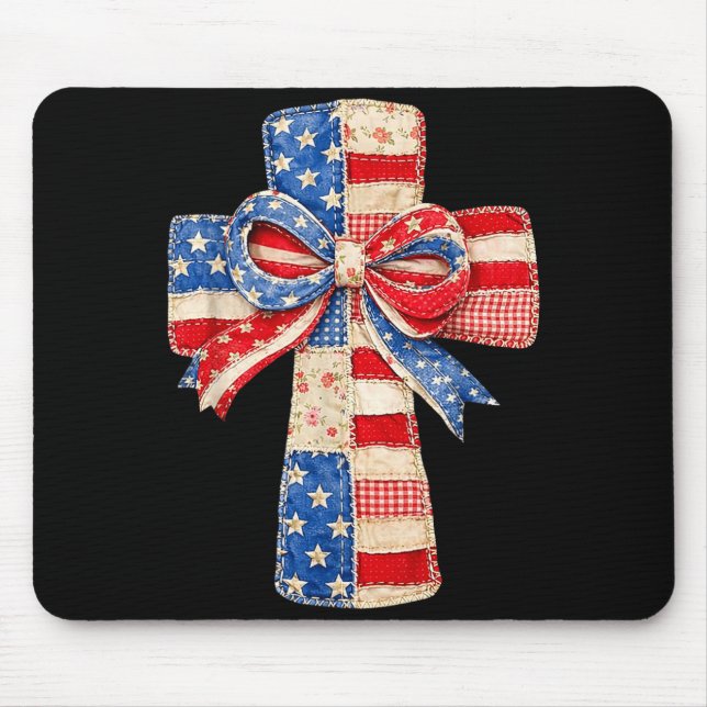 Coquette Bow Cross Patchwork Flag Faith Jesus Mouse Pad (Front)
