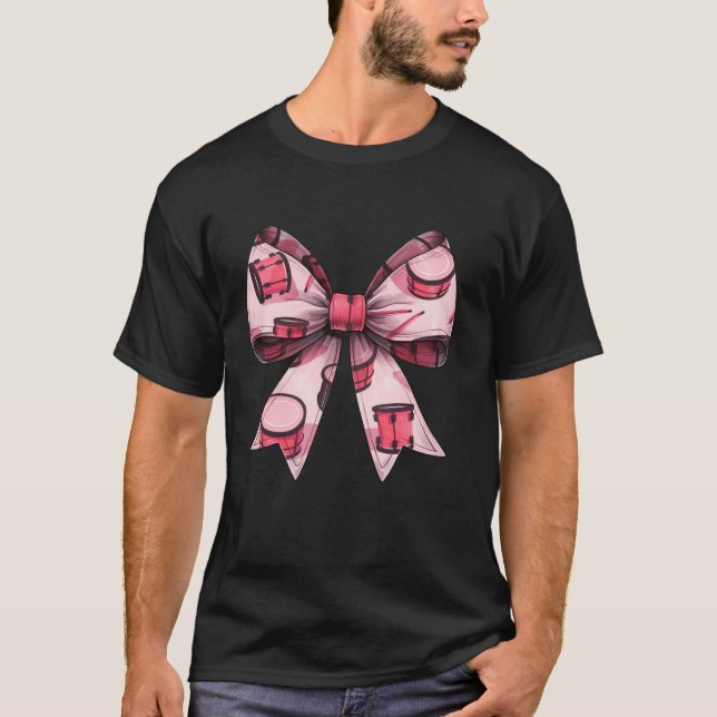 Coquette Bow Drum Drummer Mum Pattern Pink Ribbon  T-Shirt (Front)