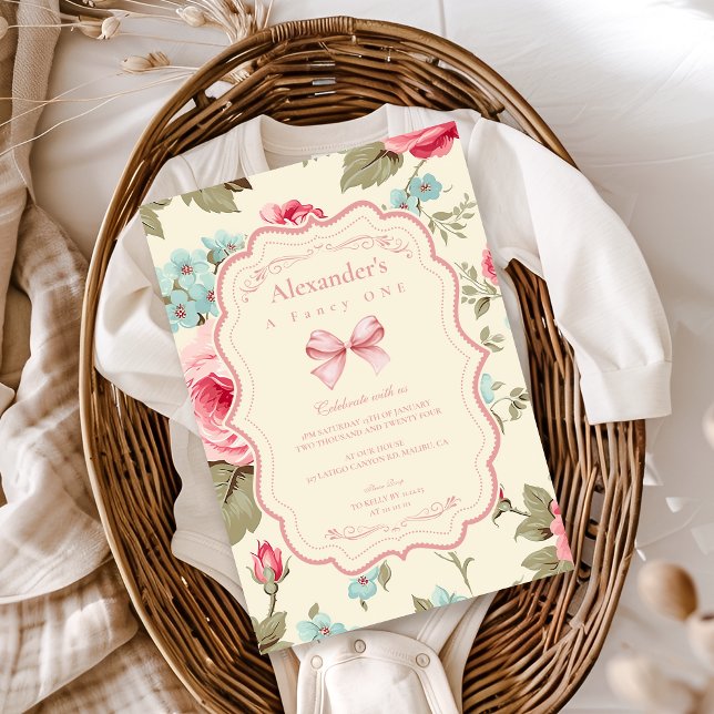 Coquette Bow Fancy ONE Girl 1st Birthday  Invitation (Creator Uploaded)