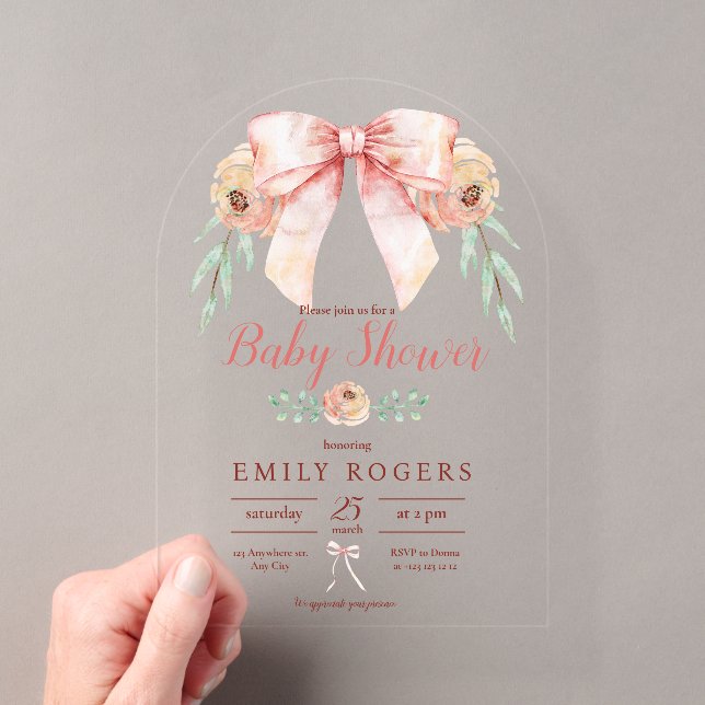 Coquette Bow Floral Baby Shower Acrylic Invitations (Insitu (Handheld))