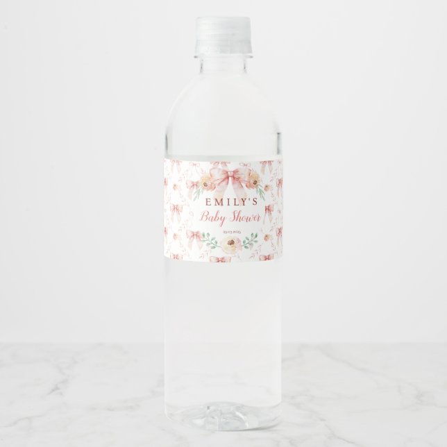 Coquette bow Florals Baby Shower Water Bottle Label (Front)