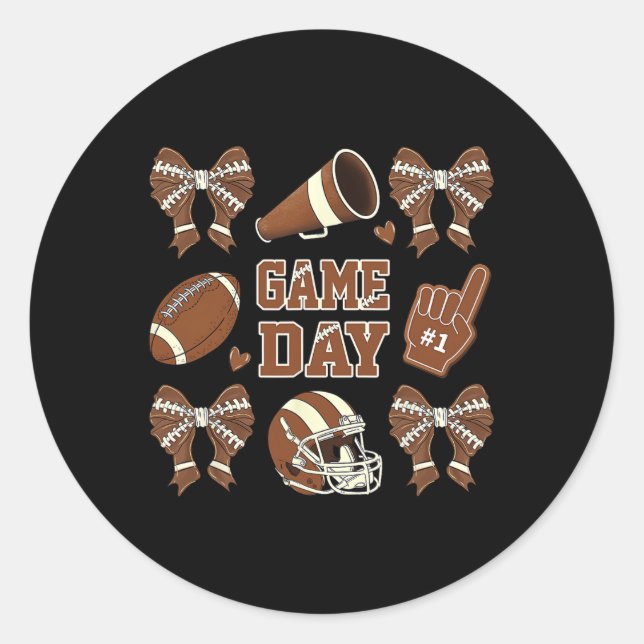 Coquette Bow Funny Football Lover Game Day Footbal Classic Round Sticker (Front)