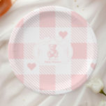 Coquette Bow Gingham French Teddy Bear Baby Shower Paper Plate<br><div class="desc">The Pink Bow Gingham French Teddy Bear Baby Shower Paper Plates are an adorable and elegant addition to your baby shower tableware, perfectly blending practicality with style. Featuring a charming French-inspired teddy bear adorned with a pink bow and set against a classic gingham pattern, these plates create a delightful and...</div>
