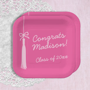 Coquette Bow Grad Tassel Pink 2025 Graduation Paper Plate