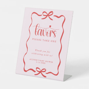 Coquette bow heart pink red baby shower favors pedestal sign