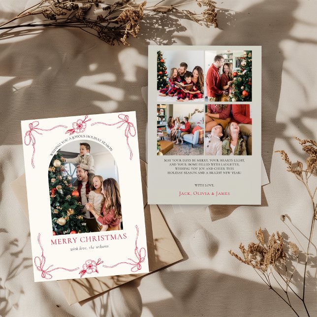 Coquette Bow Holiday Photo Collage Christmas Card (Creator Uploaded)
