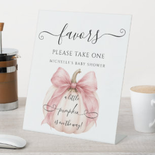 Coquette Bow Little Pumpkin Baby Shower Favours Pedestal Sign