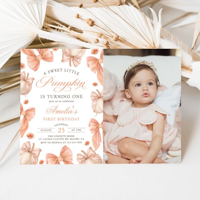 Coquette Bow Little Pumpkin Birthday Photo Invitation (Creator Uploaded)