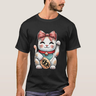 Coquette Bow Maneki Neko Japanese Cat Lucky Pink R T-Shirt