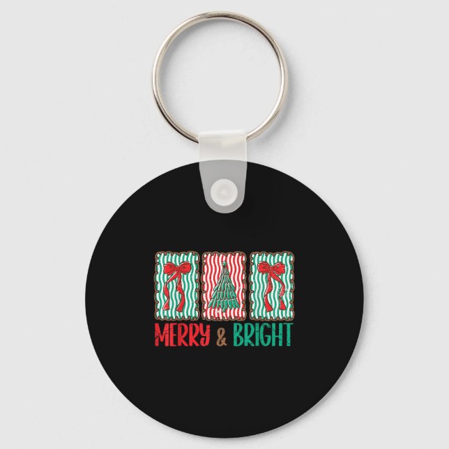 Coquette Bow Merry And Bright Christmas Tree Girl  Key Ring (Front)