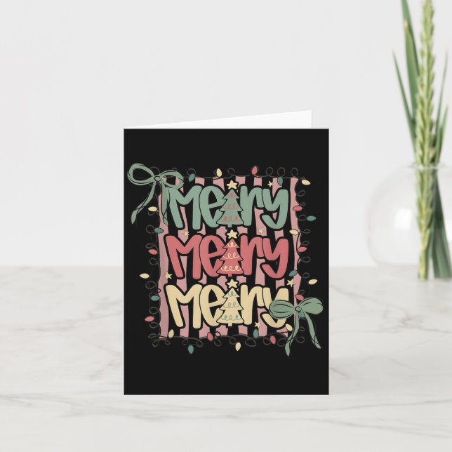 Coquette Bow Merry Christmas Tree Xmas Lights Girl Card (Front)