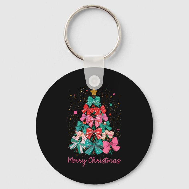 Coquette Bow Merry Christmas Xmas Tree Family Paja Key Ring (Front)