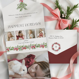 Coquette Bow Mistletoe Happiest Holidays 4 Photo All In One Invitation