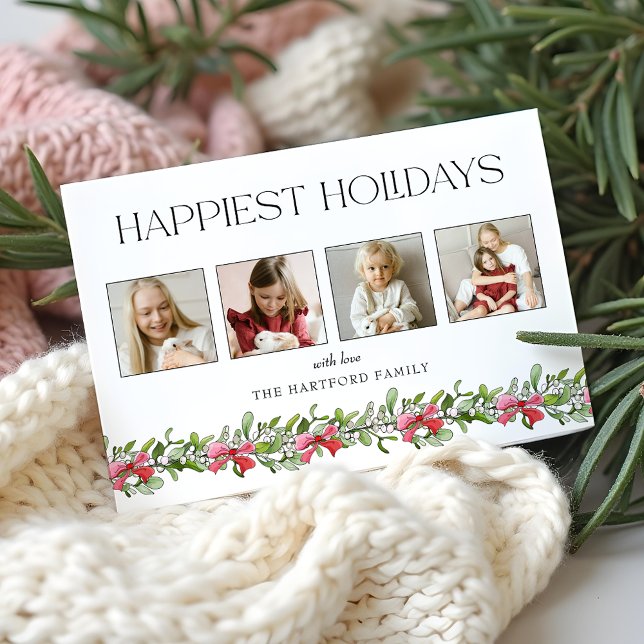 Coquette Bow Mistletoe Happiest Holidays 4 Photo Holiday Card (Creator Uploaded)