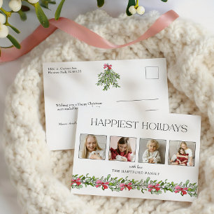 Coquette Bow Mistletoe Happiest Holidays 4 Photo Holiday Postcard