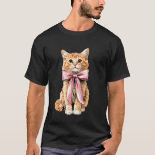 Coquette Bow Orange Cat Tabby Cat Cute Pink Ribbon T-Shirt