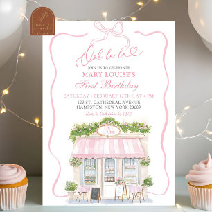 Coquette Bow Parisian cafe French 1st Birthday Invitation