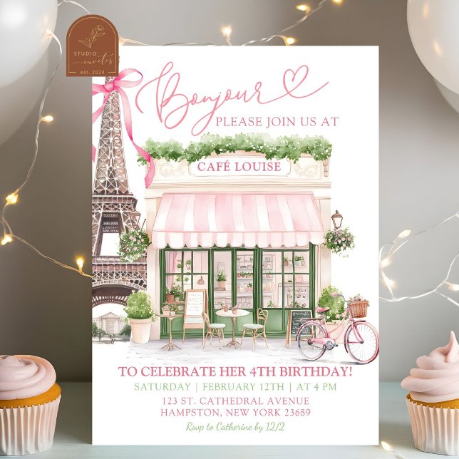 Coquette Bow Parisian cafe French Birthday Invitation (Creator Uploaded)