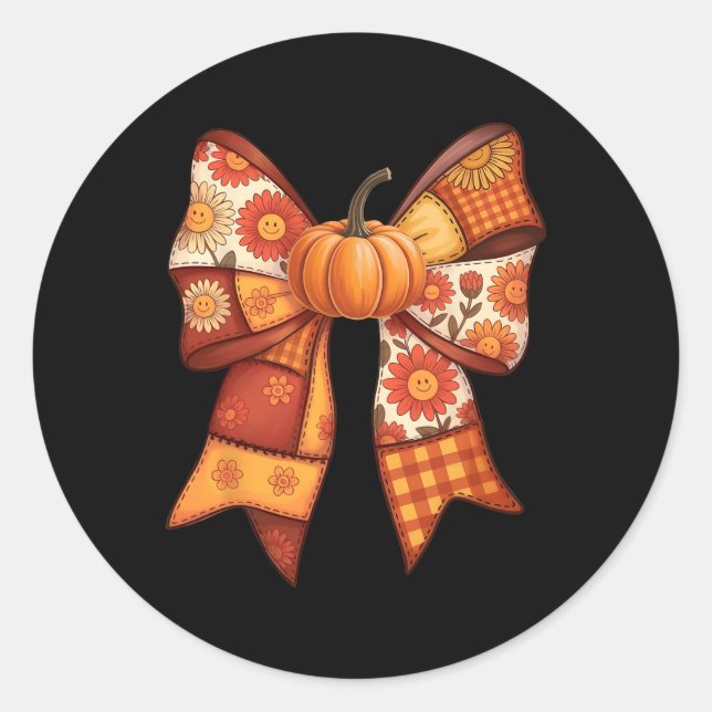 Coquette Bow Patchwork Pumpkin Thanksgiving Fall W Classic Round Sticker (Front)