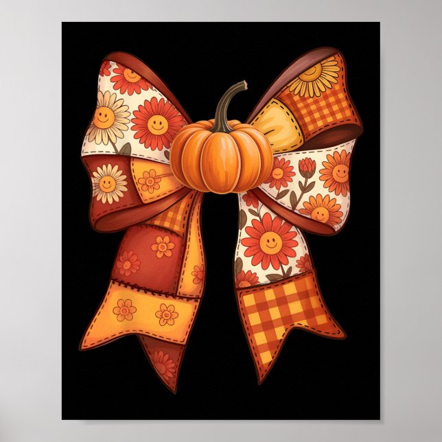 Coquette Bow Patchwork Pumpkin Thanksgiving Fall W Poster (Front)
