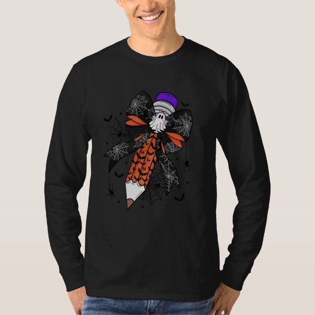 Coquette Bow Pencil Funny Ghost Spooky Teacher Hal T-Shirt (Front)