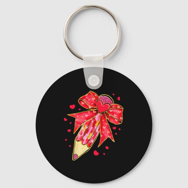 Coquette Bow Pencil Heart Teacher Valentine  Key Ring (Front)