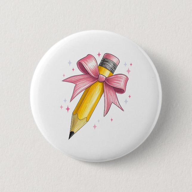 Coquette Bow Pencil Teacher Student First Day Back 6 Cm Round Badge (Front)