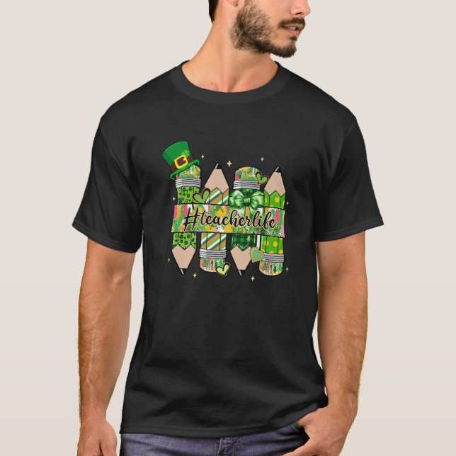 Coquette Bow Pencil Teacherlife St Patrick Day Luc T-Shirt (Front)