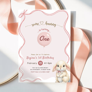 Coquette Bow Pink Bunny Rabbit 1st Birthday Invitation