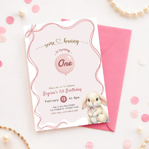 Coquette Bow Pink Bunny Rabbit 1st Birthday Invitation