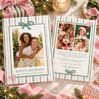Coquette Bow Pink Green Stripes Christmas Photo Holiday Card