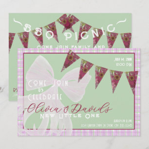 Coquette bow Pink Mint plaid Floral bunting  Invitation